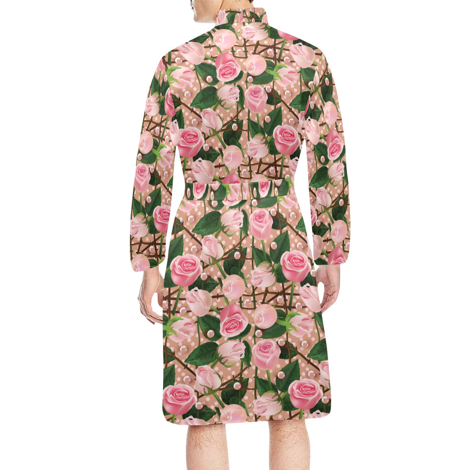 Rose Pattern Print Design 04 Men's Long Sleeve Belted Night Robe