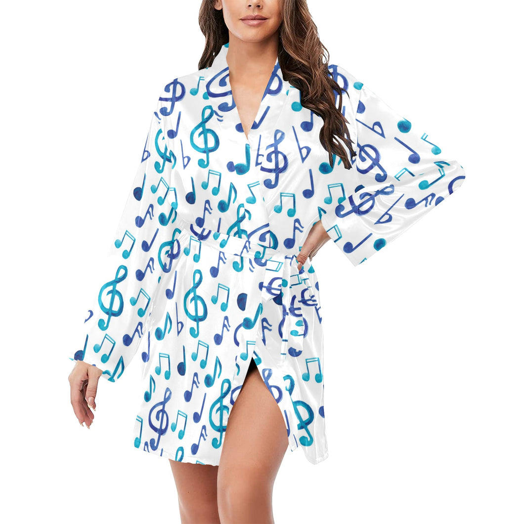 Music Notes Pattern Print Design 03 Women's Long Sleeve Belted Night Robe