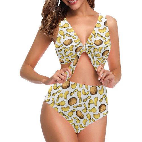 Potato Chips Pattern Print Design 01 Chest Bowknot High Waisted Bikini Swimsuit