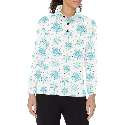 Octopus Blue Pattern Women's Long Sleeve Polo Shirt