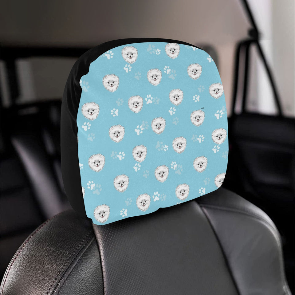 Pomeranian Pattern Blue Background Car Headrest Cover