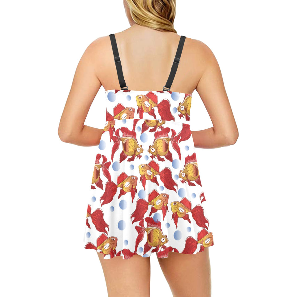 Goldfish Pattern Print Design 02 Chest Sexy Pleated Two Piece Swim Dress