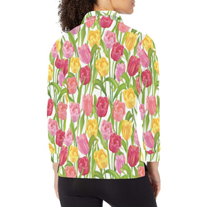 Pink Red Yellow Tulip Pattern Women's Long Sleeve Polo Shirt