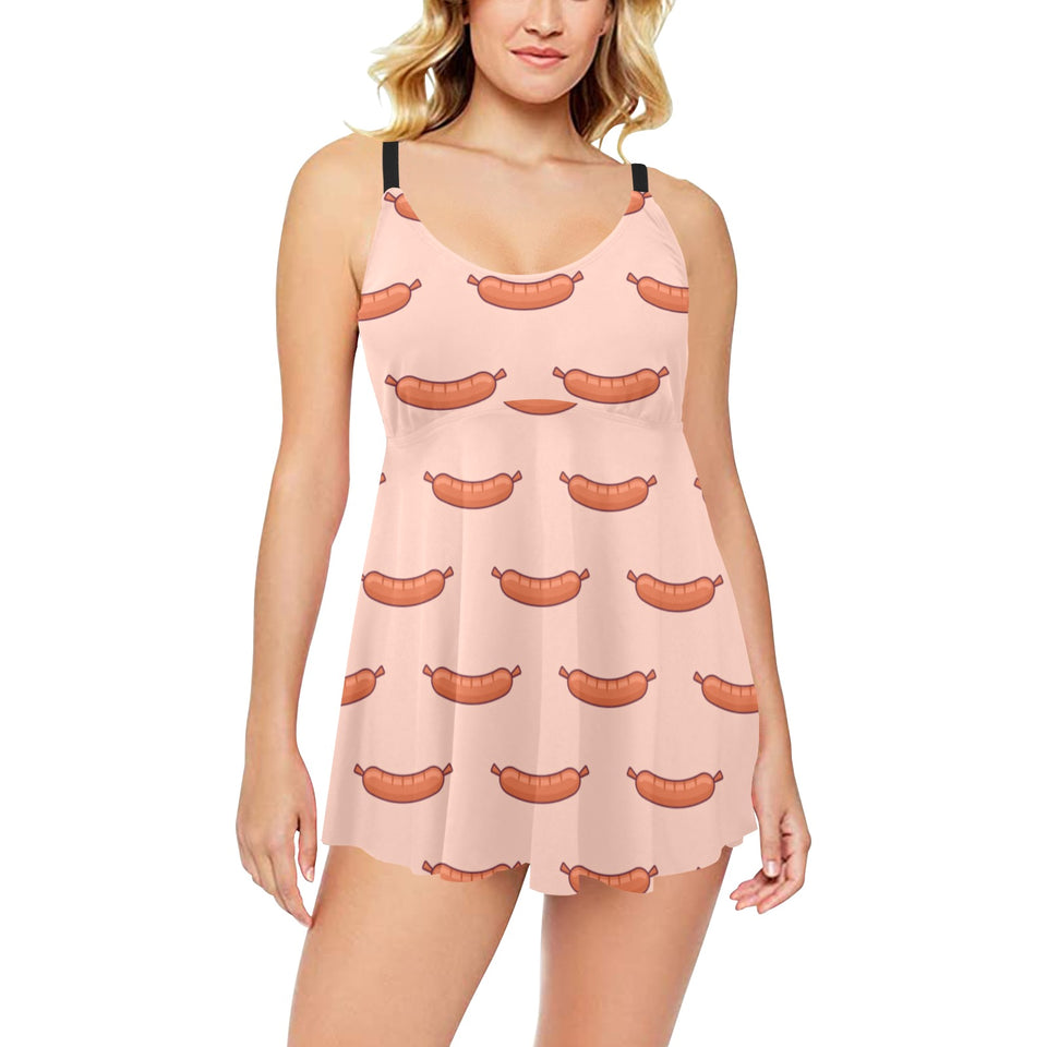 Sausage Pattern Print Design 01 Chest Sexy Pleated Two Piece Swim Dress