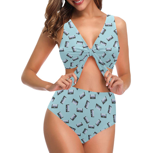 Piano Pattern Print Design 05 Chest Bowknot High Waisted Bikini Swimsuit