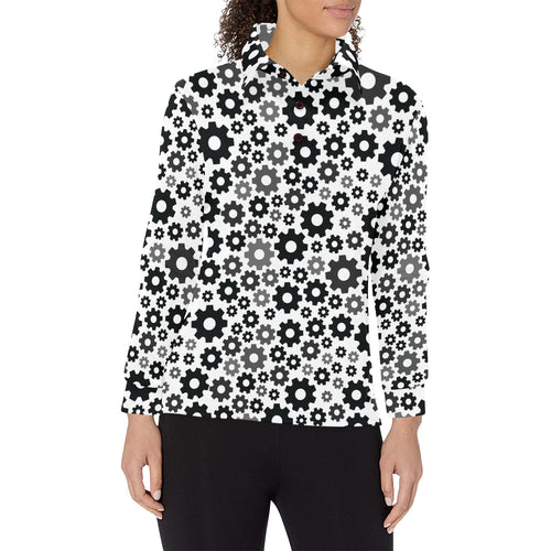 Gear Pattern Print Design 01 Women's Long Sleeve Polo Shirt