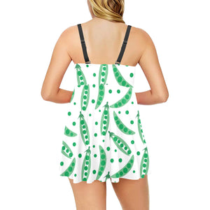 Green Peas Pattern Print Design 01 Chest Sexy Pleated Two Piece Swim Dress