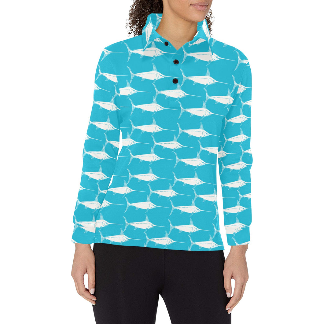 Swordfish Pattern Print Design 02 Women's Long Sleeve Polo Shirt