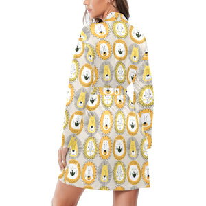 Lion Pattern Print Design 04 Women's Long Sleeve Belted Night Robe