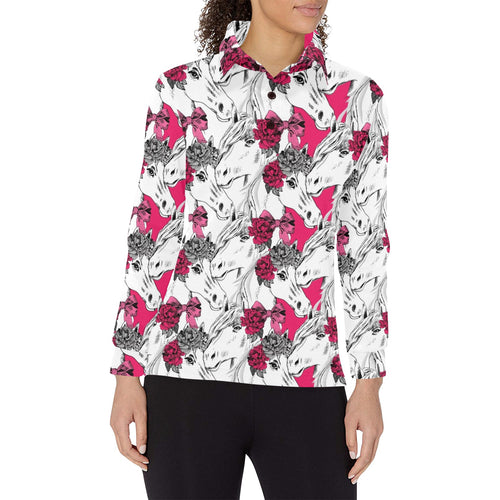 Horse Head Rose Pattern Women's Long Sleeve Polo Shirt