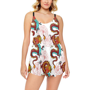 Red Dragon Hibiscus Pattern Chest Sexy Pleated Two Piece Swim Dress