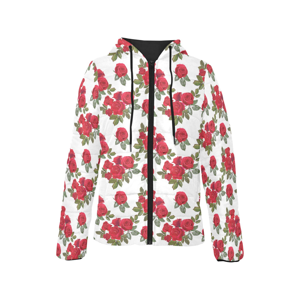 Rose Pattern Print Design 05 Women's Padded Hooded Jacket