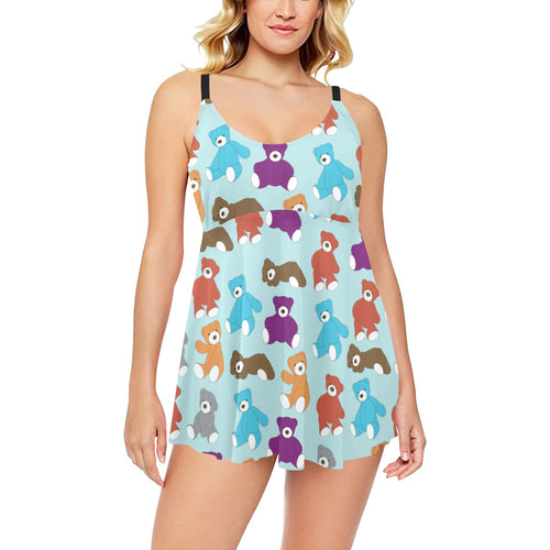 Teddy Bear Pattern Print Design 03 Chest Sexy Pleated Two Piece Swim Dress