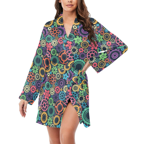 Gear Pattern Print Design 02 Women's Long Sleeve Belted Night Robe