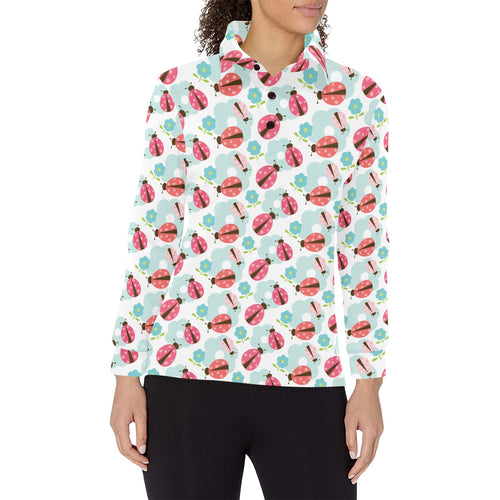 Ladybug Pattern Print Design 03 Women's Long Sleeve Polo Shirt