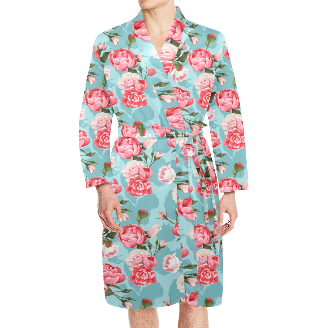 Rose Pattern Print Design 03 Men's Long Sleeve Belted Night Robe