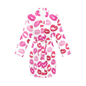 Lips Pattern Print Design 05 Women's Long Sleeve Belted Night Robe