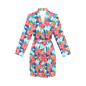 Hibiscus Pattern Print Design 05 Women's Long Sleeve Belted Night Robe