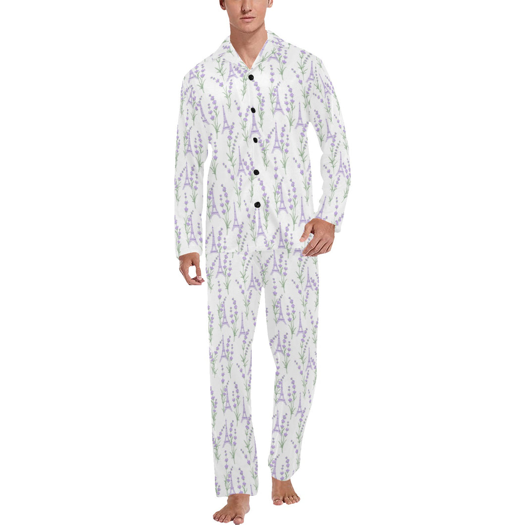 Eiffel Tower Lavender Pattern Print Design 01 Men's Long Pajama Set