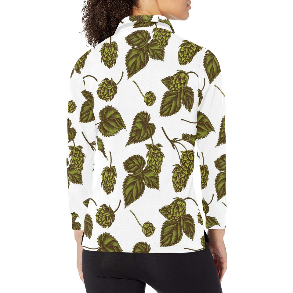 Hop Leaves Pattern Women's Long Sleeve Polo Shirt