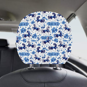 Horse Flower Blue Theme Pattern Car Headrest Cover