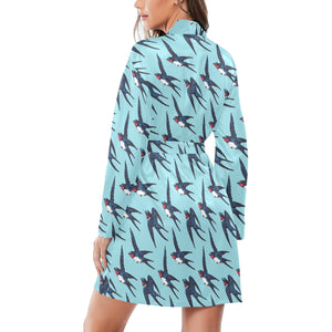 Swallow Pattern Print Design 01 Women's Long Sleeve Belted Night Robe