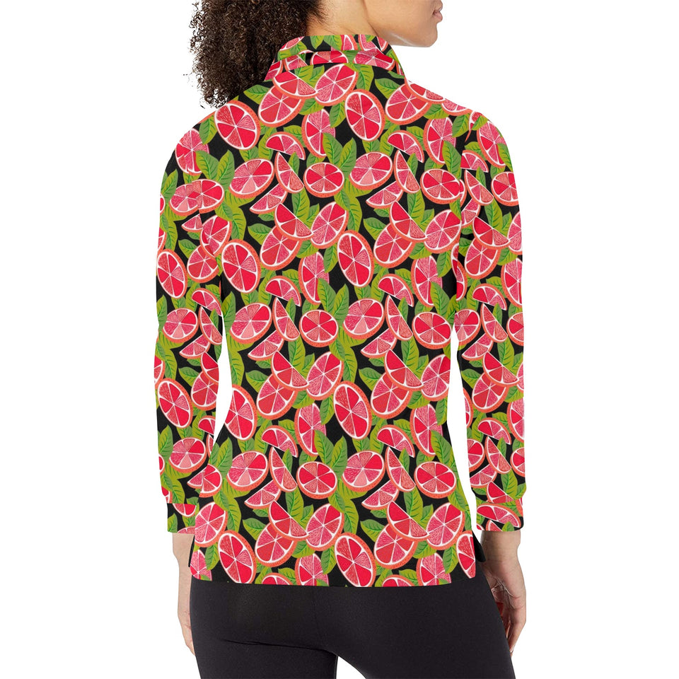 Grapefruit Leaves Pattern Women's Long Sleeve Polo Shirt