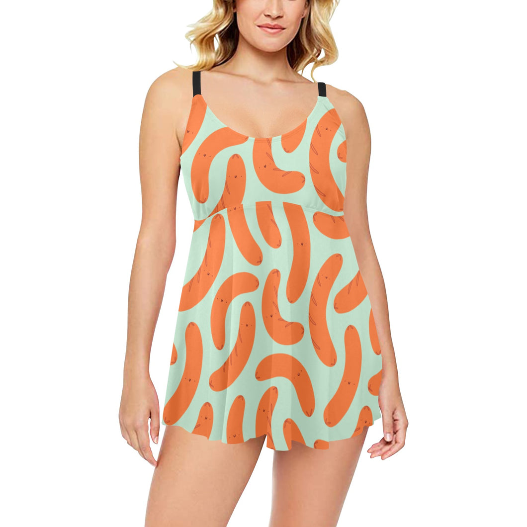 Sausage Pattern Print Design 04 Chest Sexy Pleated Two Piece Swim Dress