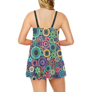 Gear Pattern Print Design 02 Chest Sexy Pleated Two Piece Swim Dress