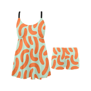 Sausage Pattern Print Design 04 Chest Sexy Pleated Two Piece Swim Dress