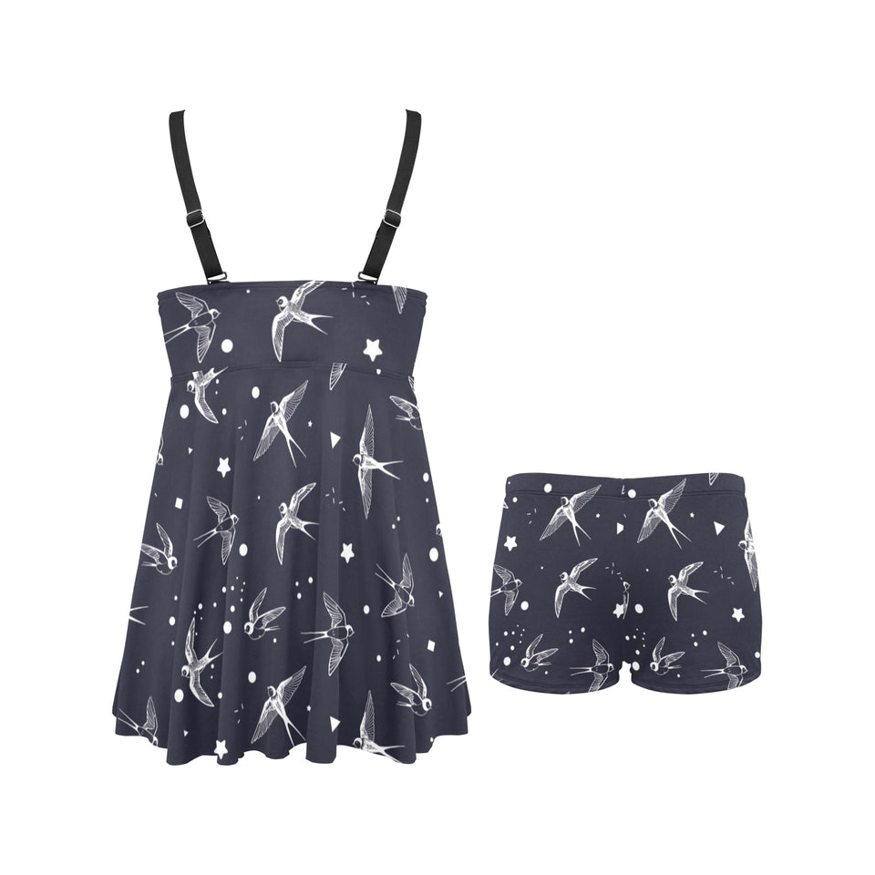 Swallow Pattern Print Design 02 Chest Sexy Pleated Two Piece Swim Dress