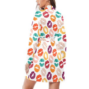 Lips Pattern Print Design 03 Women's Long Sleeve Belted Night Robe