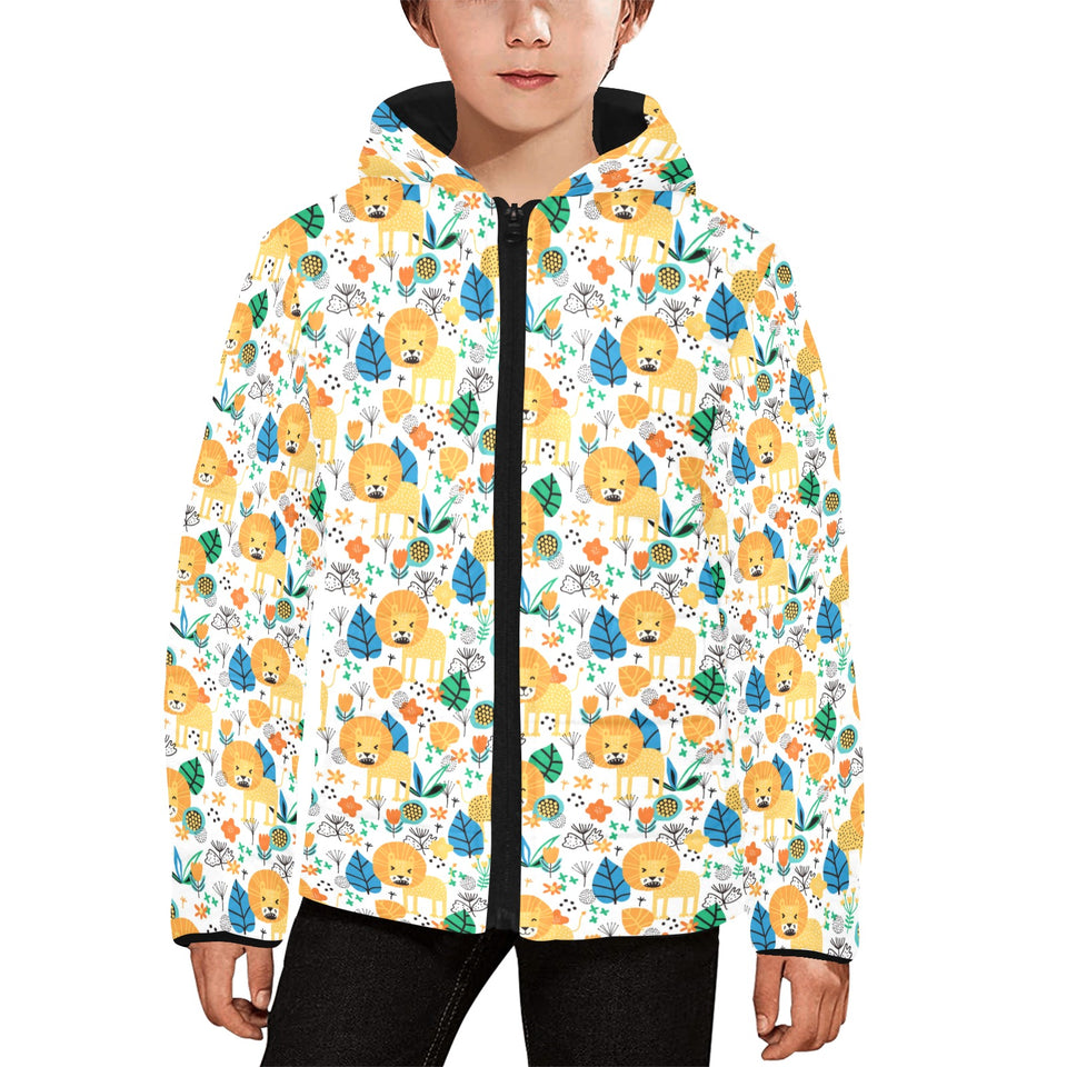 Lion Pattern Print Design 02 Kids' Boys' Girls' Padded Hooded Jacket