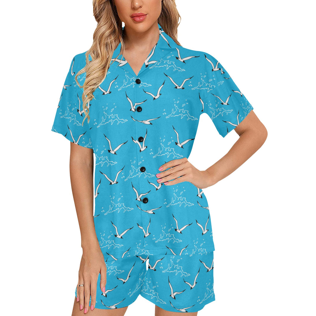 Seagull Pattern Print Design 05 Women's V-Neck Short Pajama Set