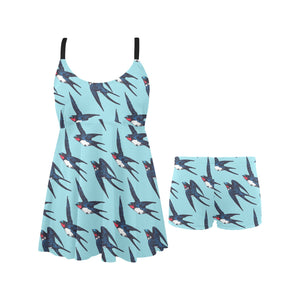 Swallow Pattern Print Design 01 Chest Sexy Pleated Two Piece Swim Dress