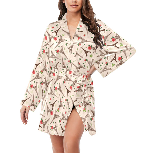 Eiffel Tower Pattern Print Design 03 Women's Long Sleeve Belted Night Robe