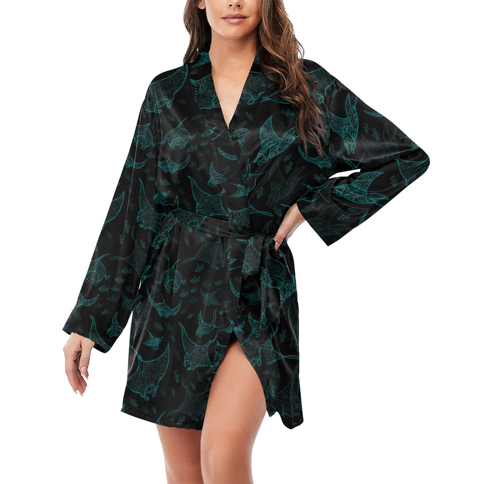 Stingray Pattern Print Design 02 Women's Long Sleeve Belted Night Robe