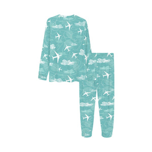 Airplane Cloud Pattern Green Background Kids' Boys' Girls' All Over Print Pajama Set