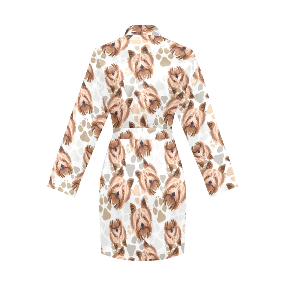 Yorkshire Terrier Pattern Print Design 04 Women's Long Sleeve Belted Night Robe