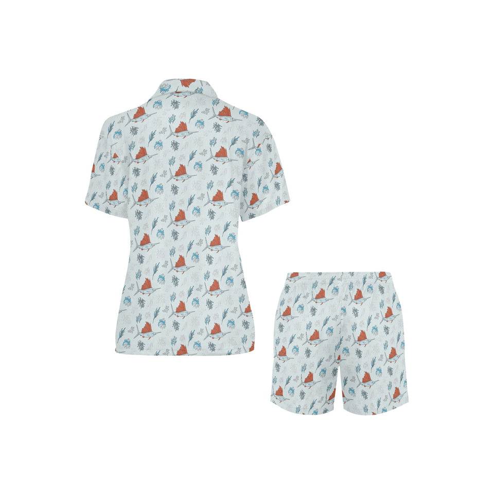 Swordfish Pattern Print Design 03 Women's V-Neck Short Pajama Set