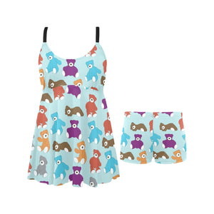 Teddy Bear Pattern Print Design 03 Chest Sexy Pleated Two Piece Swim Dress