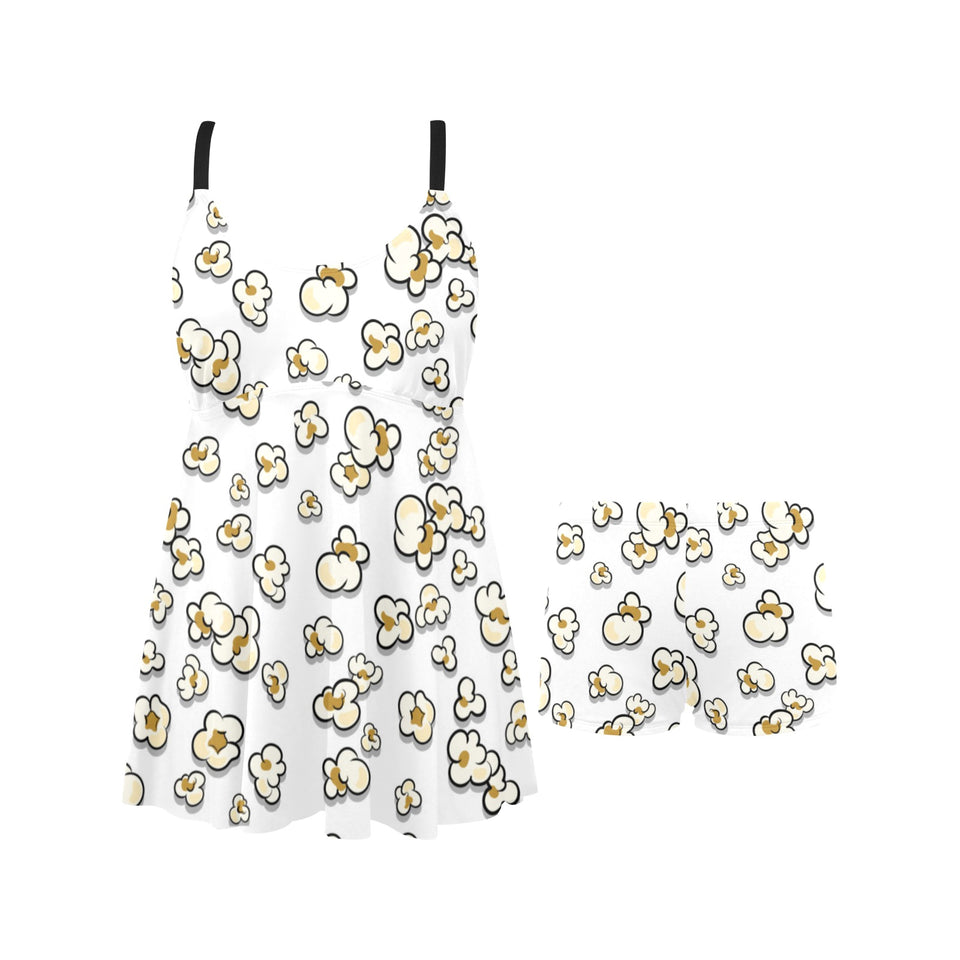 Popcorn Pattern Print Design 04 Chest Sexy Pleated Two Piece Swim Dress