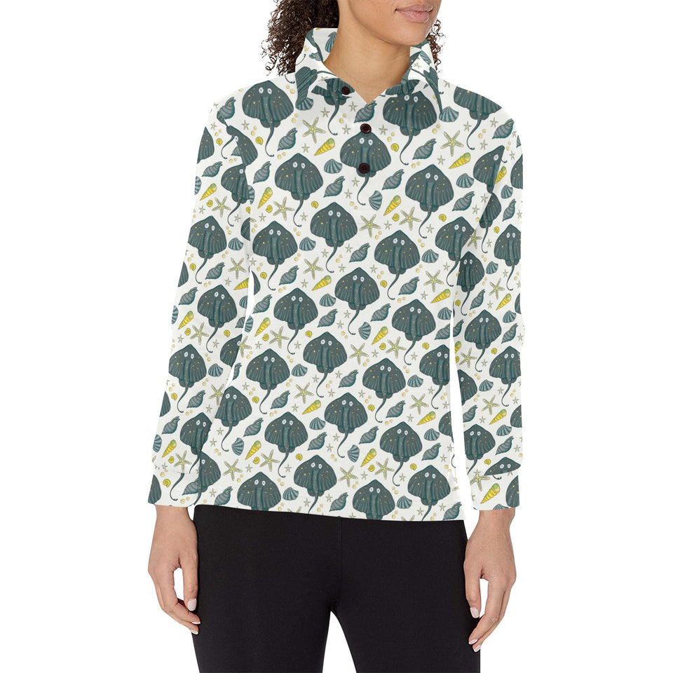 Stingray Pattern Print Design 03 Women's Long Sleeve Polo Shirt