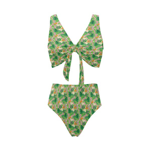 Pelican Pattern Print Design 05 Chest Bowknot High Waisted Bikini Swimsuit