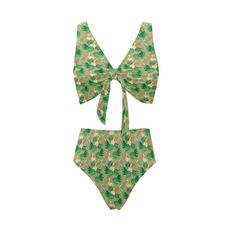 Pelican Pattern Print Design 05 Chest Bowknot High Waisted Bikini Swimsuit