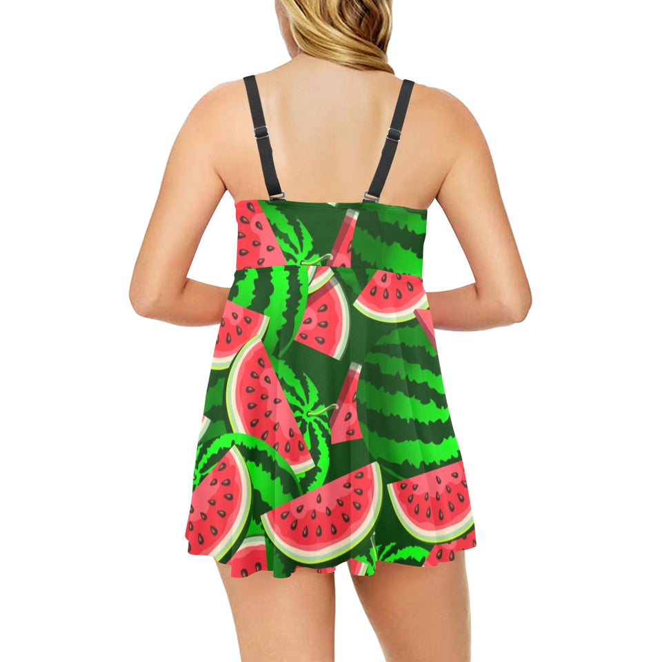 Watermelon Pattern Theme Chest Sexy Pleated Two Piece Swim Dress