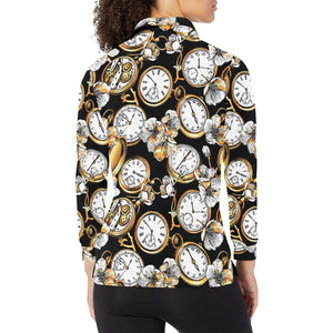 Clock Flower Pattern Women's Long Sleeve Polo Shirt