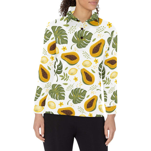 Papaya Leaves Flower Pattern Women's Long Sleeve Polo Shirt