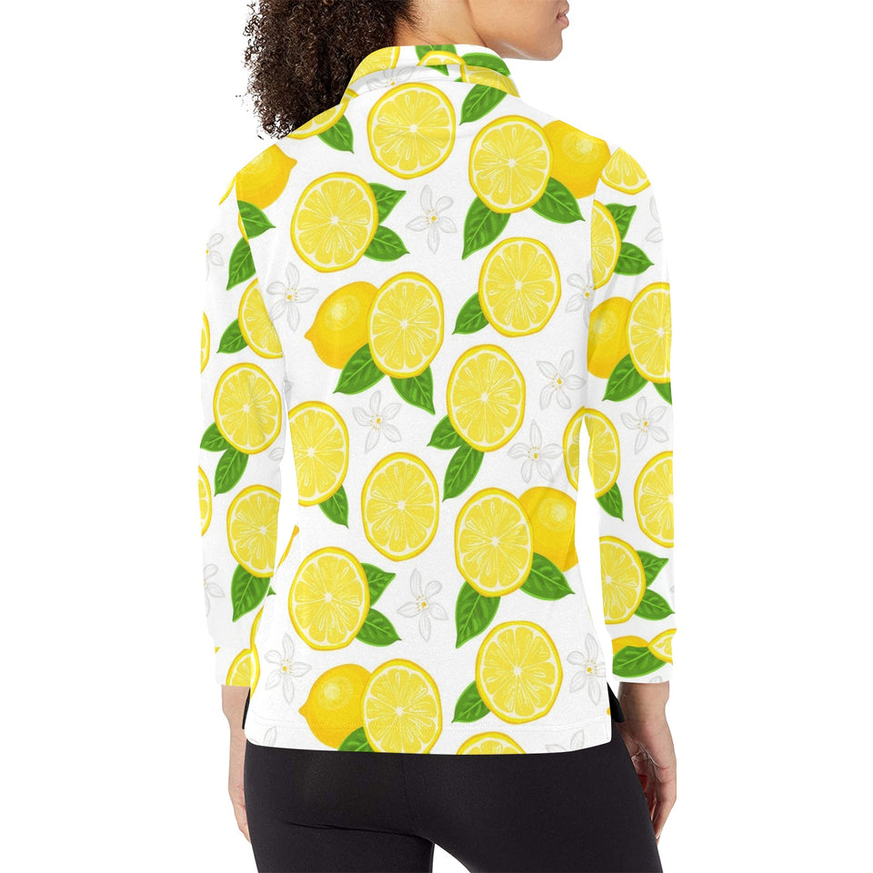 Lemon Flower Pattern Women's Long Sleeve Polo Shirt