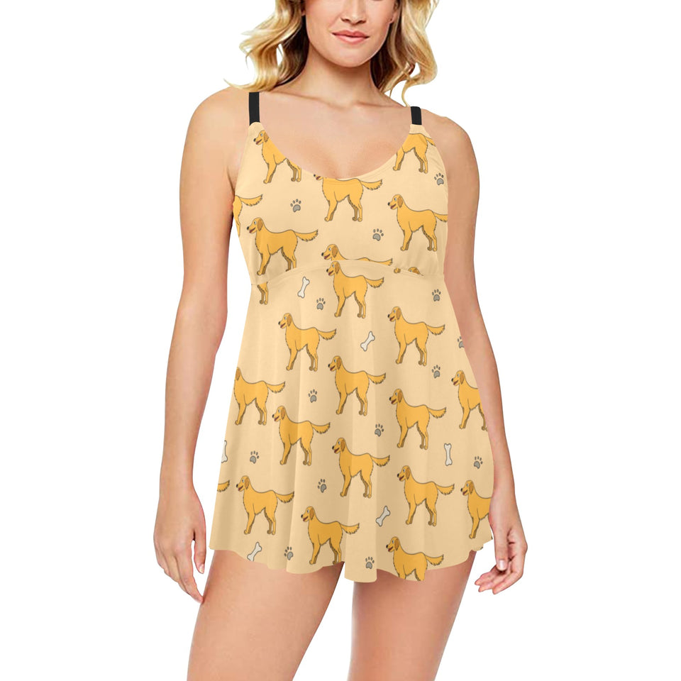 Golden Retriever Pattern Print Design 04 Chest Sexy Pleated Two Piece Swim Dress